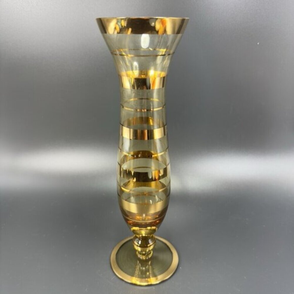 Venetian Glass Vase Tall Gold Band‎ Amber Mid Century Italian Glass Vase Vintage